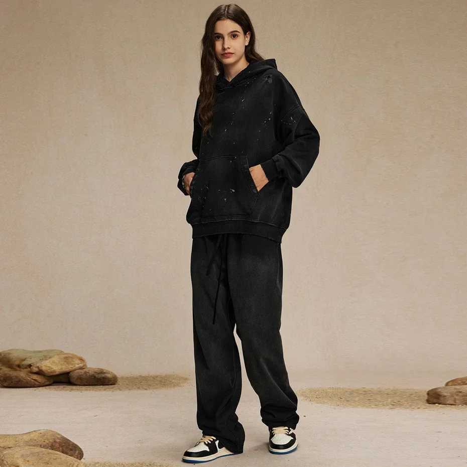 Men's Hoodies Sweatshirts Mens Tracksuits Mens Sets Autumn Winter Hoodies Pants Male Vintage Oversized Hoodie Streetwear Spot Suits Black Q241009