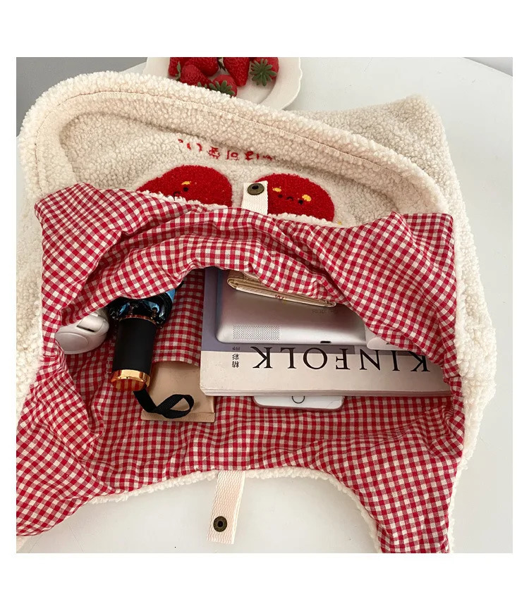 Womens Plush Cherry Embroidered Handbag Shoulder Bag Fluffy Canvas Handbag Like Fabric Large Shopping Bag Cute Backpack 241008