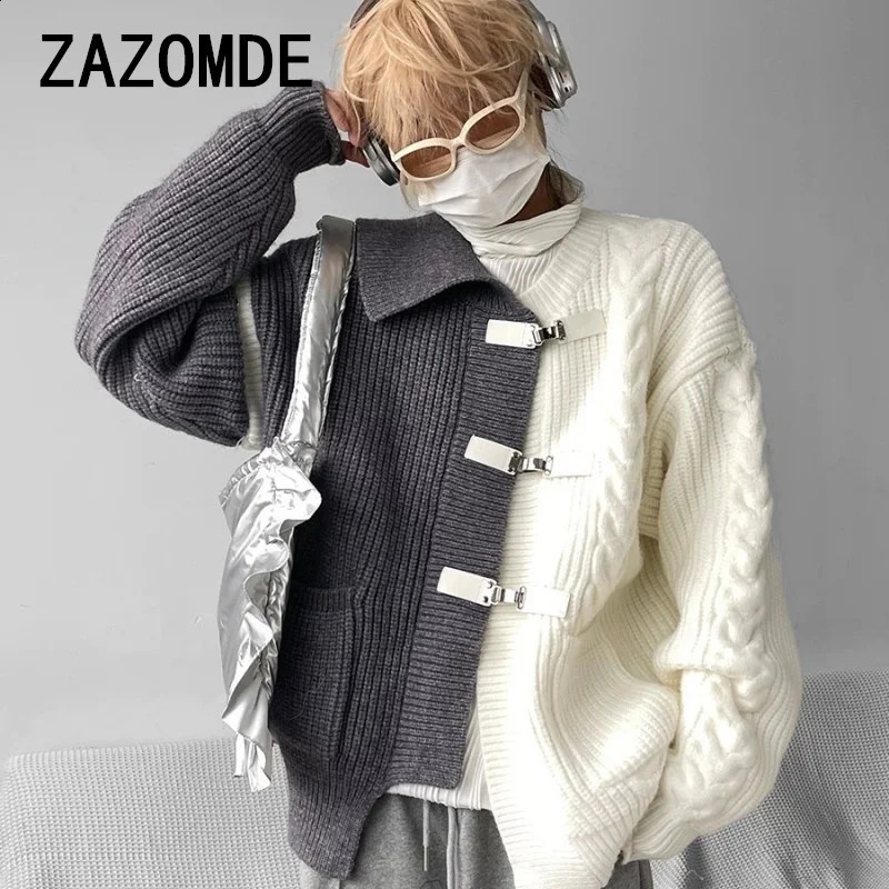 ZAZOMDE Fashion Knitted Long Sleeve Sweater with Loose Splicing Open Hemp Metal Button Knitted Coat Fashionable Mens Knitted 241007