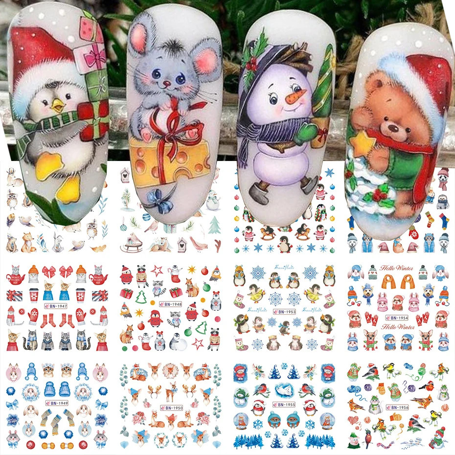 12 Cute Christmas Nail Stickers with Bird Bear Cartoon Animal Snowflake Slide Water Decoration Tips 241008