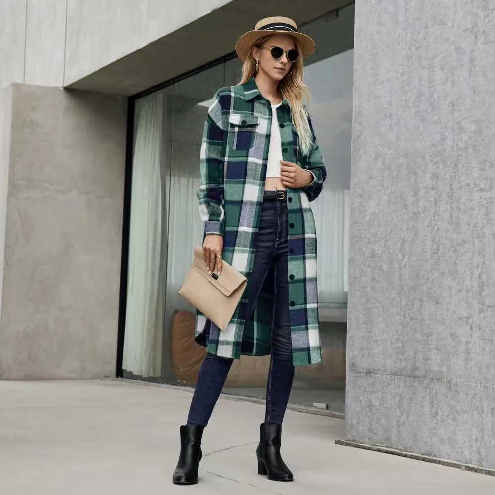 2024 New Autumn Shirt Coats Side Slit Lapel Loose Woolen Y2K Wool Trench Coat Women Long Sleeve Plaid Coat Pockets Shirt JacketsX241009