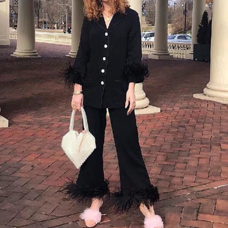 NHKDSASA Sleepwear For Women New Cute Silk Cotton Light Ostrich Wool Pamas Two-Piece Set Solid Color Home Suit