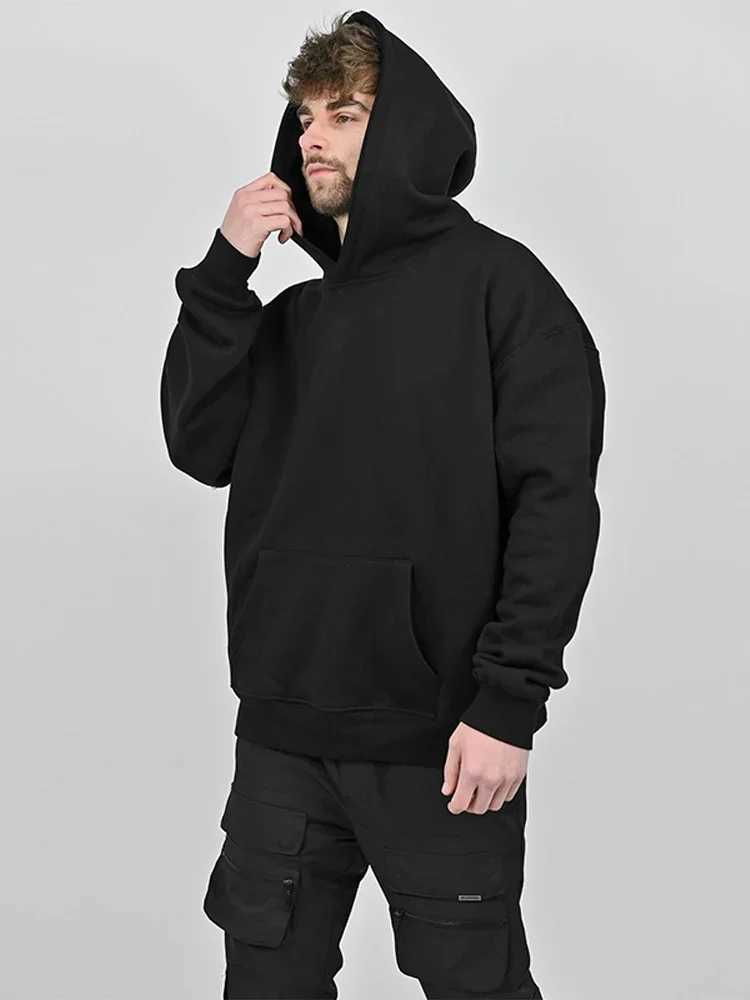 Men's Hoodies Sweatshirts Mens Tracksuits Fashion Solid Plush Tracksuit Large Pocket Hooded Pullover Autumn Winter Elastic Drawstring Sports Q241