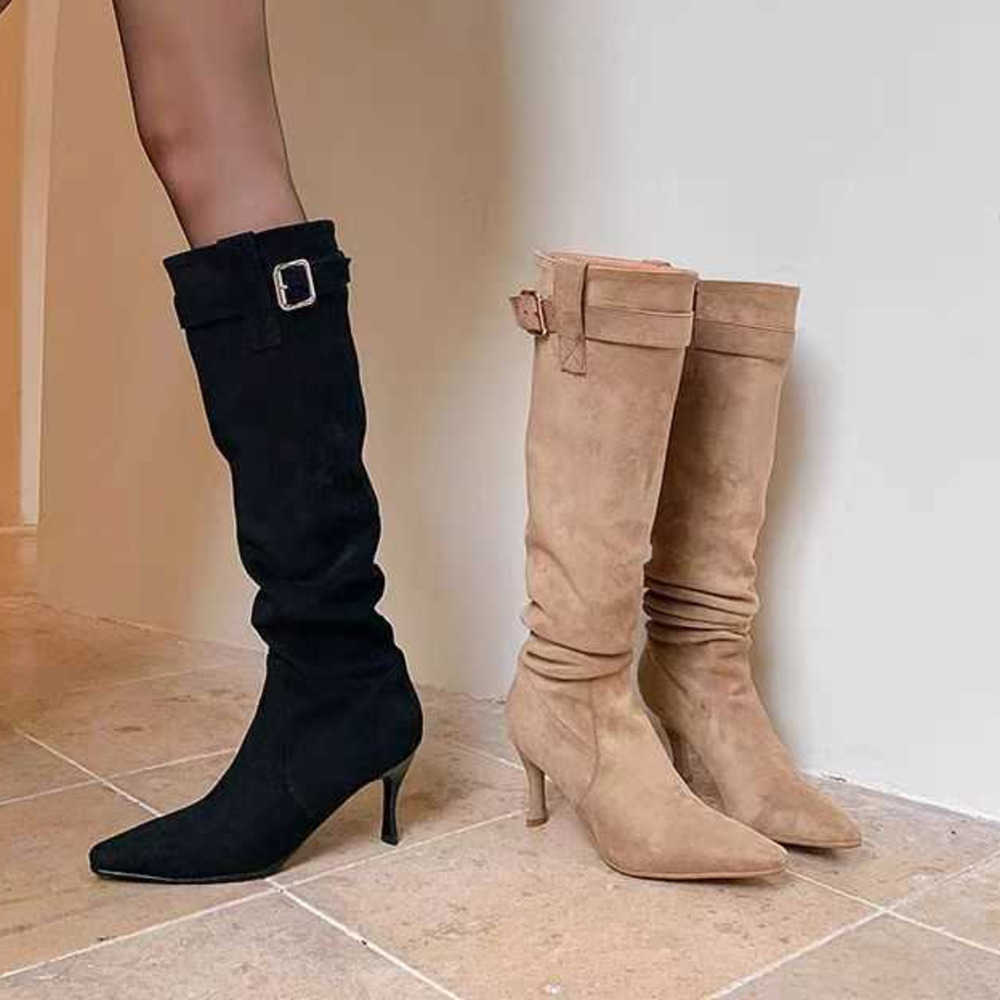 Autumn Winter Versatile Martin Boots Slimming Pile Boots With Pointed Toes Fashion Boots Thin Heels High Heels Boots For Women Beautiful Knee High Boo