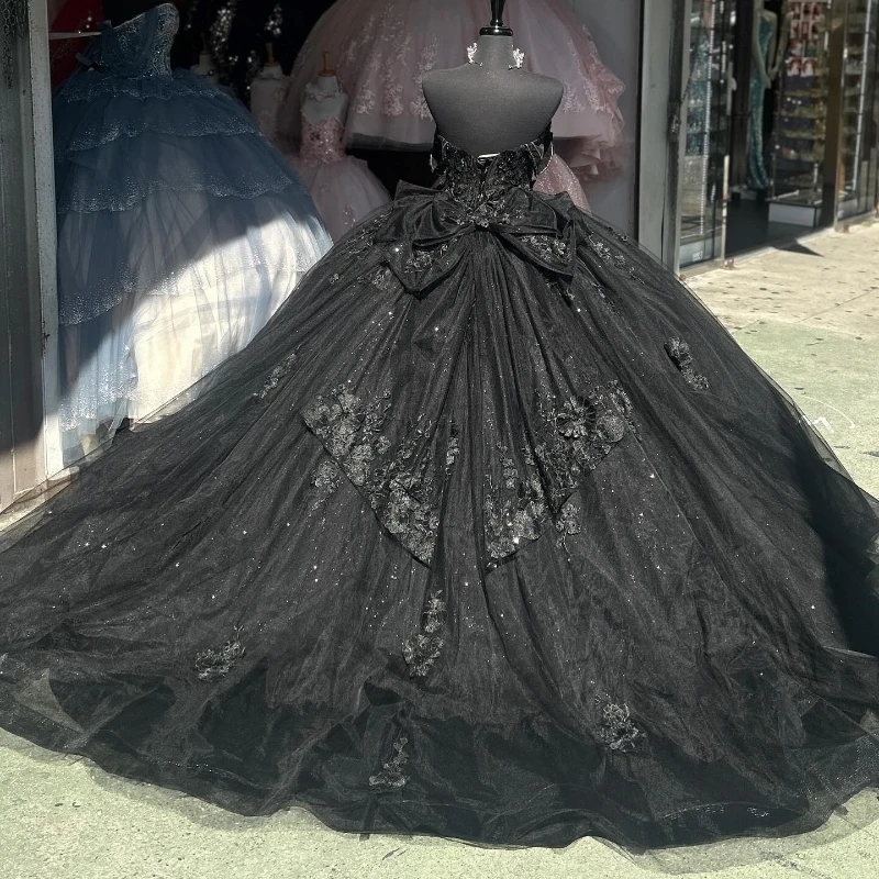 Black Princess Quinceanera Dresses Appliques Lace Bow Tull Off the Shoulder Ball Gown Birthday Party Wear Sweet 15 Dress Vestidos De 15 Anos