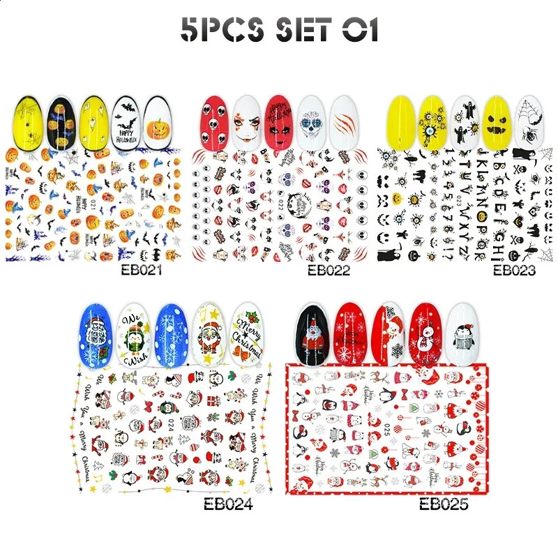Heallor 5 sheets of Christmas adhesive 3D nail sticker foil for nail art decoration cartoon nail sticker craft supplies 241008