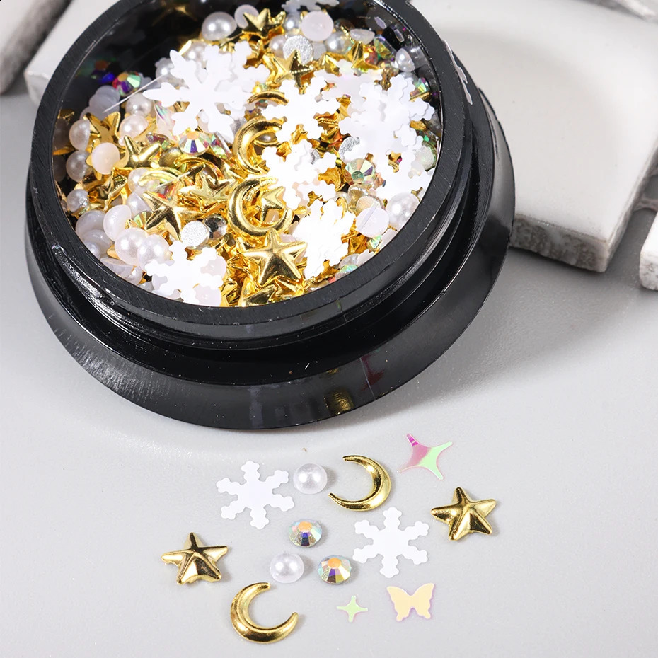 1 box of gold metal moon star decoration white pearl jewelry 3D nail charm snowflake Christmas tree for nail art accessories 241008
