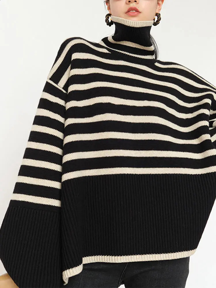 Casual striped sweater for women elegant turtle buckle comparison long sleeved womens zipper autumn winter fashion womens knitting 240927