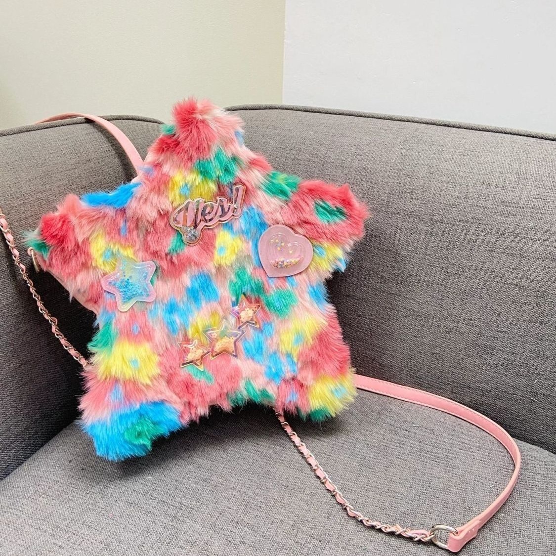 New original oil painting color plush five-pointed star backpack DIY Glitter letter chain backpack