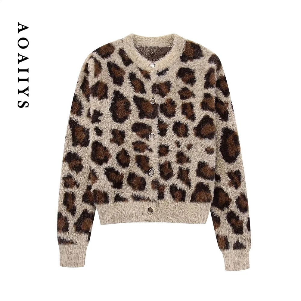 Aoaiiys Knitting Cardigan for Women Sweaters Leopard Single Breasted ONeck Long Sleeve Autumn Winter Warm Fashion Cardigans 241007