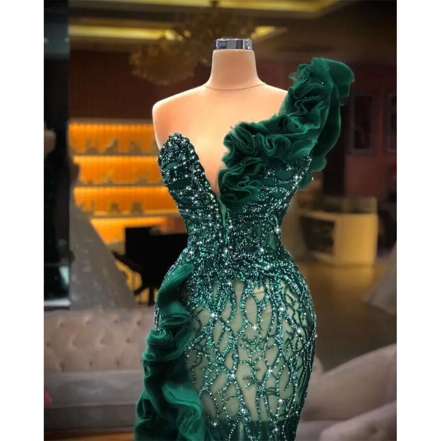 Dresses Fashion Evening NEW Design Side Split Ruffles Tulle Mermaid Prom Dress Glitter Sequins Beads Custom Made Chic Formal Party Gowns