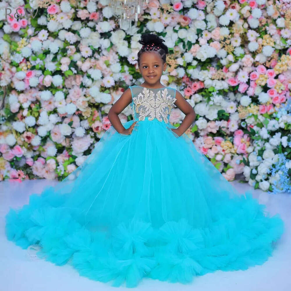R&W 2024 African Blue Girls wer Communion Gowns Jewel Appliqued Lace Princess Queen Birthday Party Dress for Cute Little Girl F120