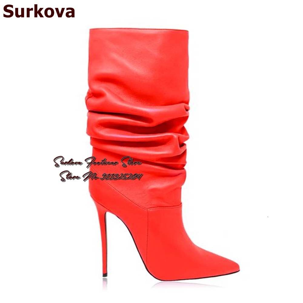 Surkova Brown Suede Pleated Mid-Calf Women Stiletto Heels Pointed Toe Dress Shoes Folded Pattern Middle Boots Size46