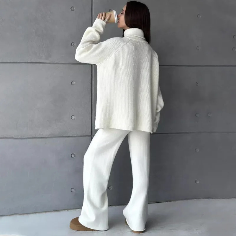 Talenza Knitted Sweater Set Womens Solid Turtle Collar Zipper Top 2piece Autumn Pants 241008