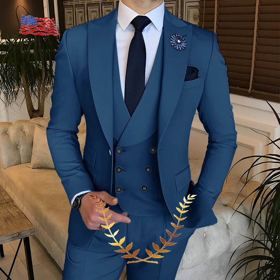 Sky Blue Groom Wedding Evening Dress Mens Jacket Pants Tank Top 3Piece Set Ultra Thin Fit Party 240929