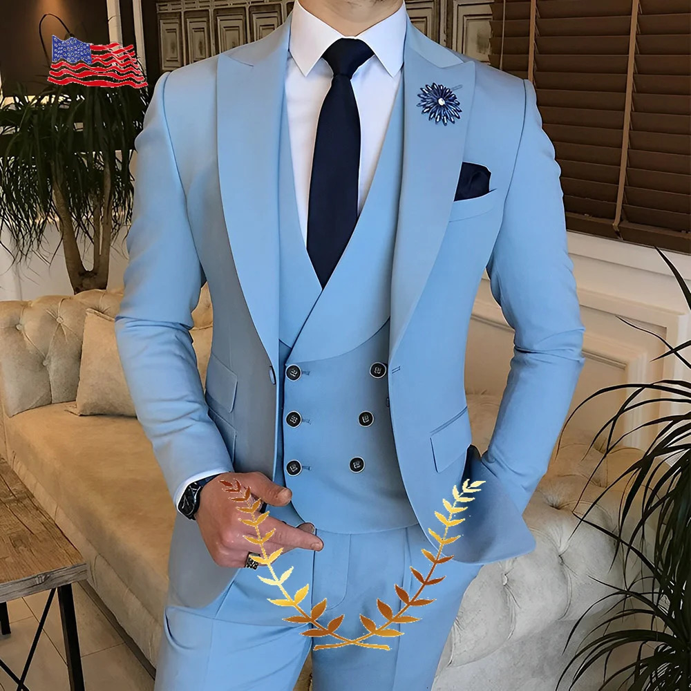 Sky Blue Groom Wedding Evening Dress Mens Jacket Pants Tank Top 3Piece Set Ultra Thin Fit Party 240929