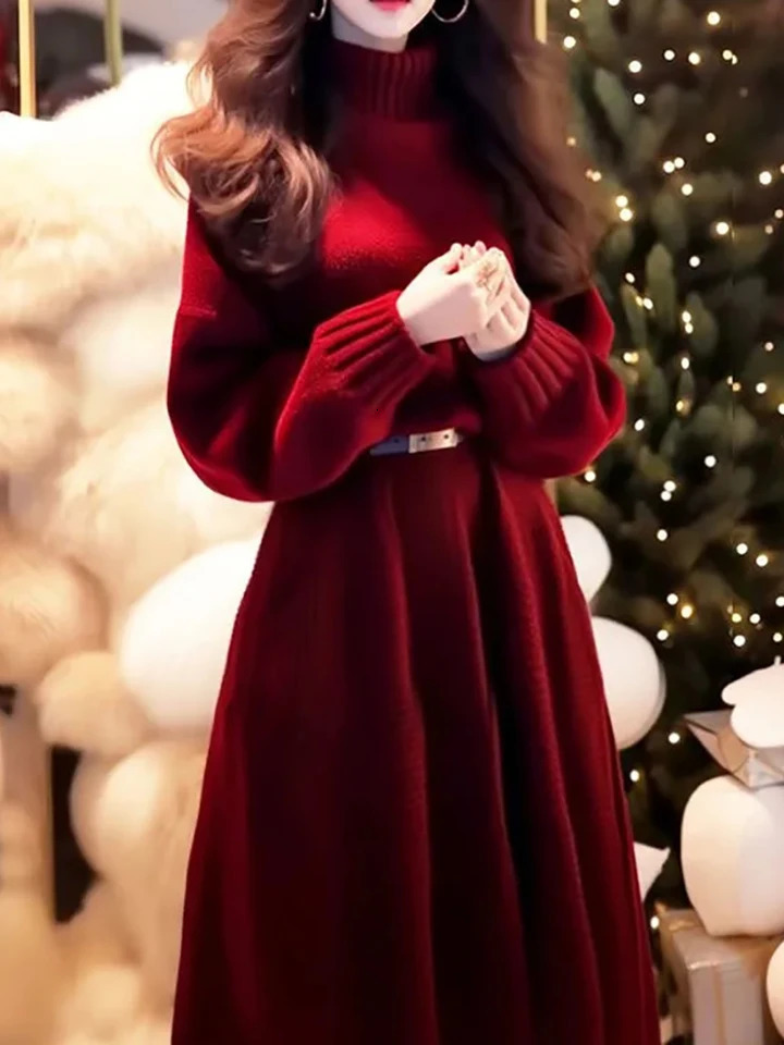 Retro long sleeved womens knitted sweater autumn solid color half neck thick dress 241007