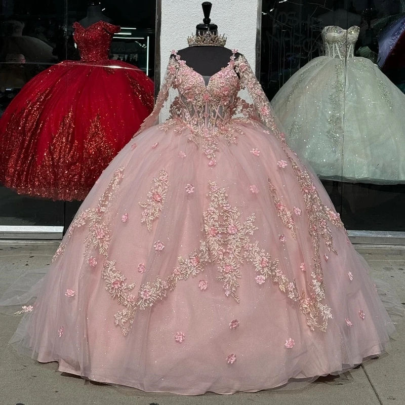 Pink Shiny Princess Ball Gown Quinceanera Dresses Beaded Appliques Lace Tull With Cape Party Gowns Vestidos De 15 Anos Sweet 16 Dress