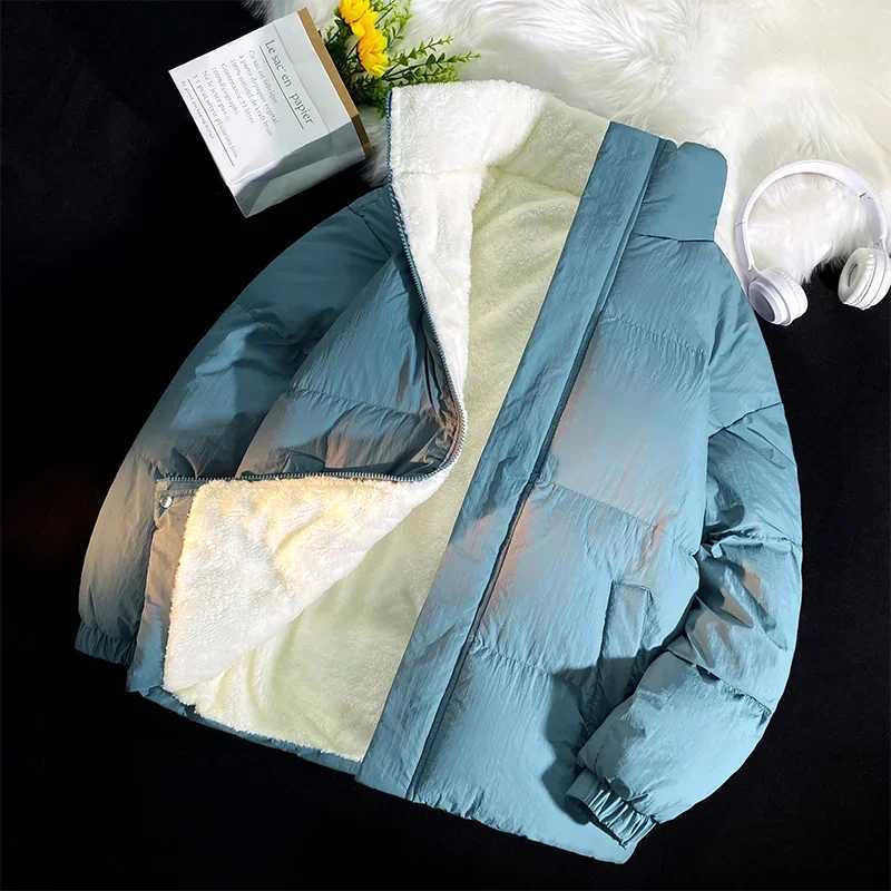 Green Puffer Jacket Men Style Winter Lamb Wool Stand Up Collar Casual Jackets Men Thick Warm Coats Streetwear Solid Color Jacket LX241009