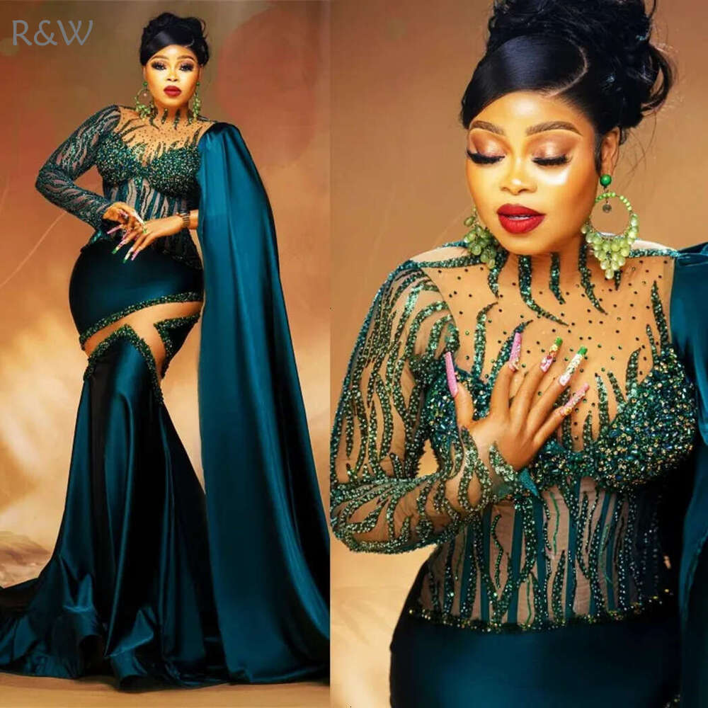 R&W Plus Size Hunter Green Prom for Special Ocns Evening Dresses Elegant Illusion Long Sleeves Beaded Lace Pearls Birthday Dress Engagement Gowns AM89