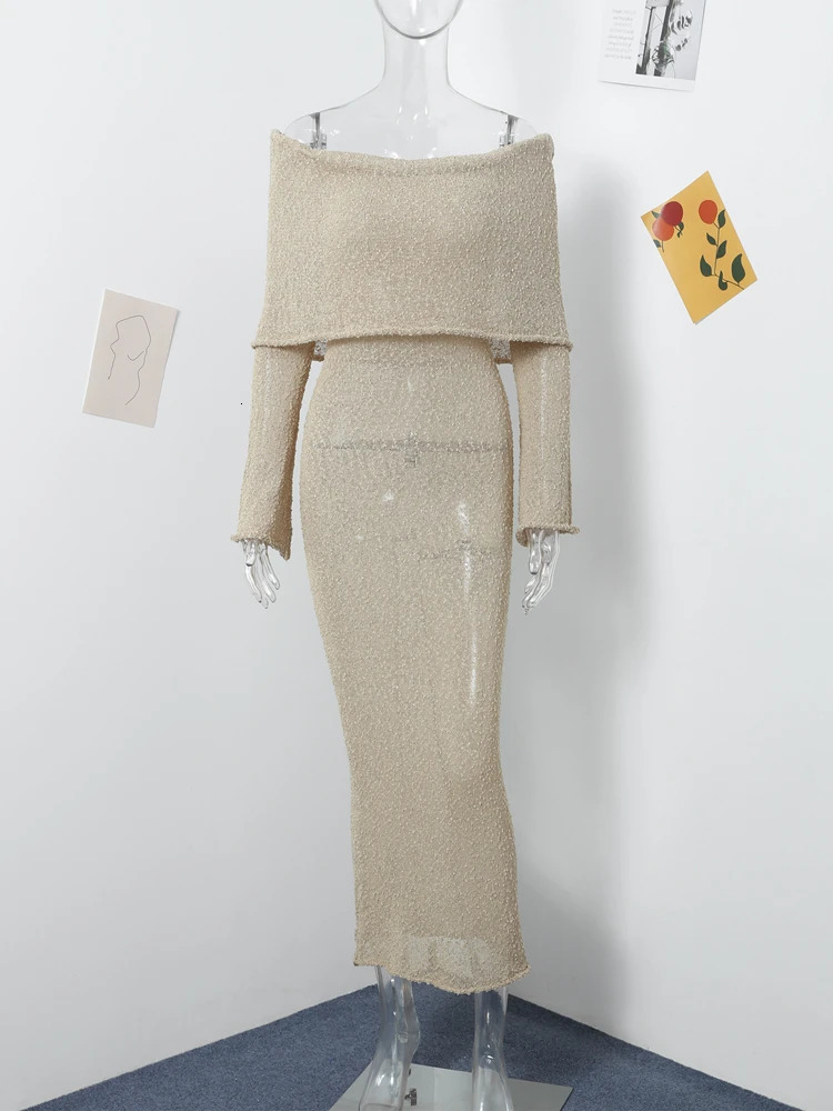 Knitted hollow shoulder Maxi dress womens ultrathin sexy perspective summer beach vacation vest 241007