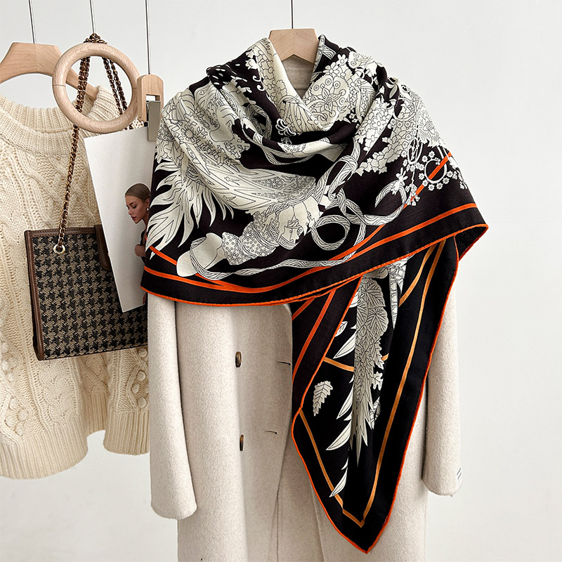 Scarves Silk wool square scarf for women's autumn and winter warmth, high-end feeling, 140 silk wool tropical jungle fashion silk scarf