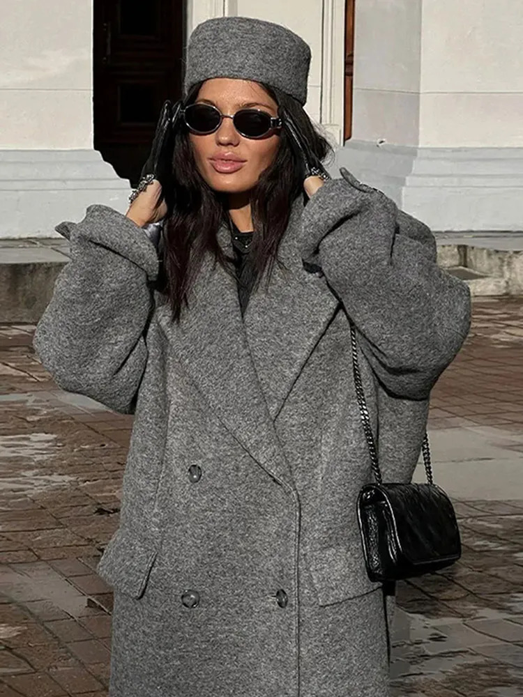 Retro Turn Down Collar Long Coat Women Autumn Solid Sleeve Maxi Coats Female Elegant Chic Oversize Double Breasted Outwear 240930