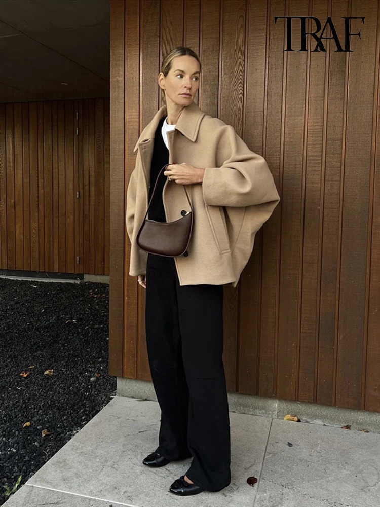 TRAF Womens Fashion Single Breasted Jacket Casual Vintage Long Sleeve Lapel Coat Autumn and Winter Khaki Wool Bat 240930