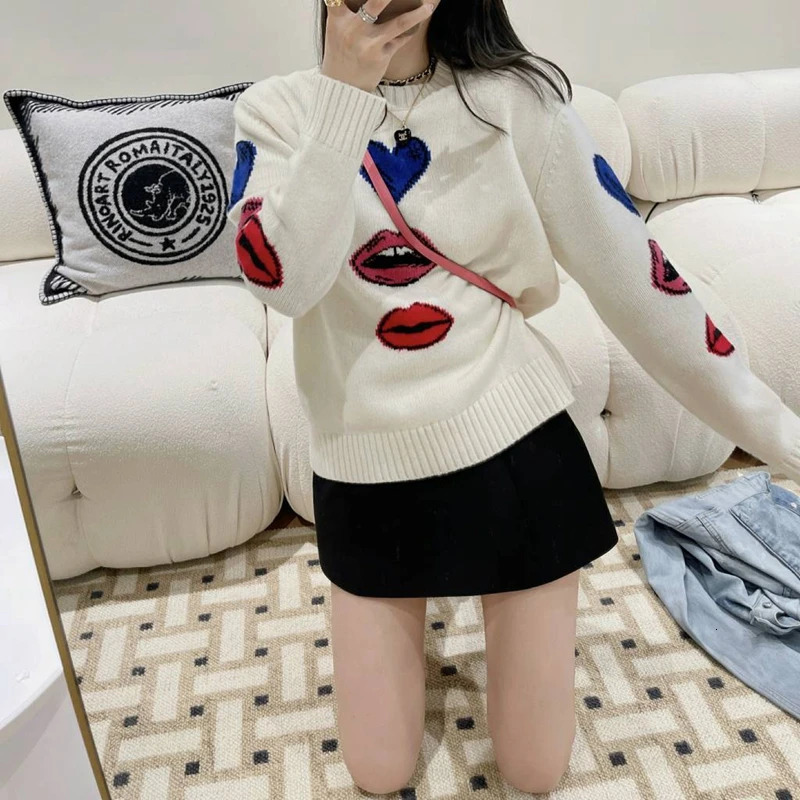 Autumn and Winter Wool Lanhua Womens Round Neck Loose Set Love Lipstick Sweater Cashmere Knitted Bottom 241007