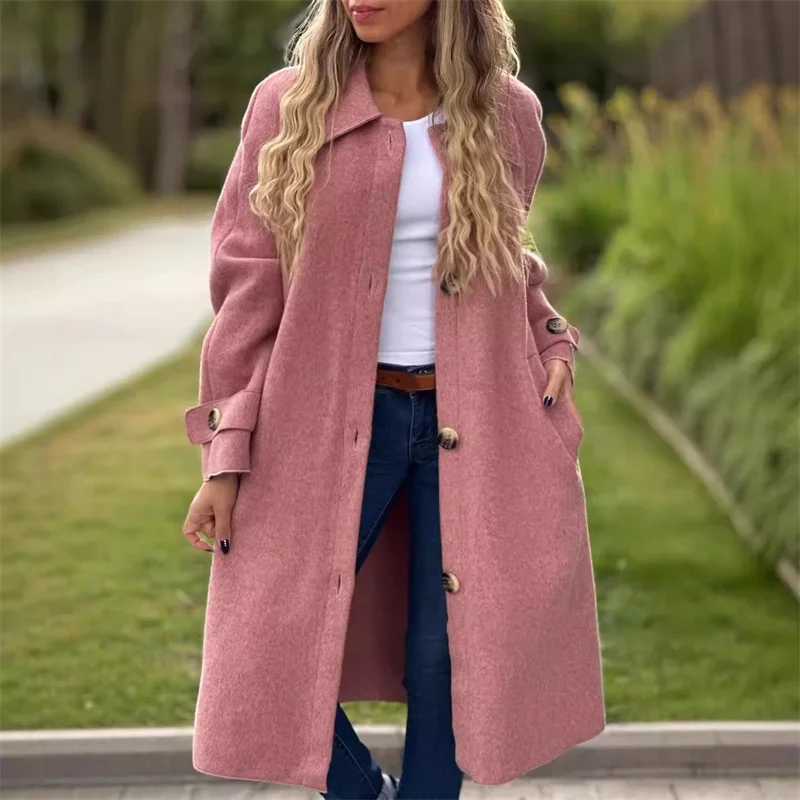 Autumn Winter Single-breasted Cardigan Tweed Jacket Women Large Lapel Double Pockets Long Outerwear Female Casual Commuter CoatX241009