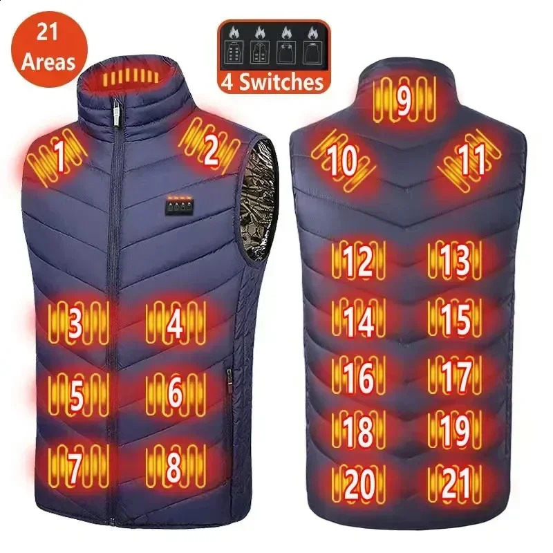 21 Heating Areas Jacket Mens Winter USB Electric Heating Warm Sleeveless Vest Infrared Heating Clothes Mens Snow Ski Vest 241007