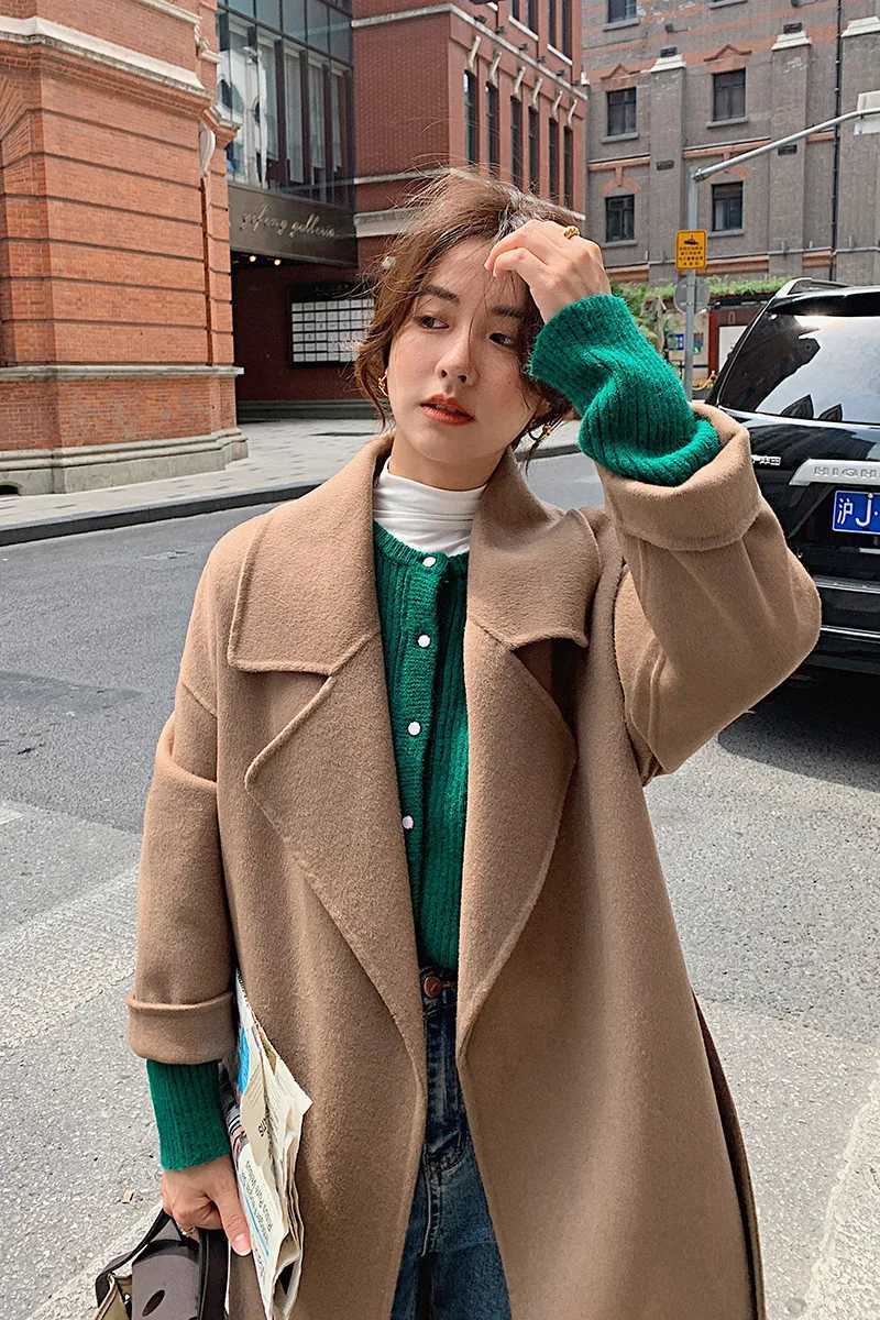 2024 New Autumn And Winter Womens Coat 100% Merino Wool Lapel Tie Commuting Classic Retro Loose Mid-Length CoatX241009
