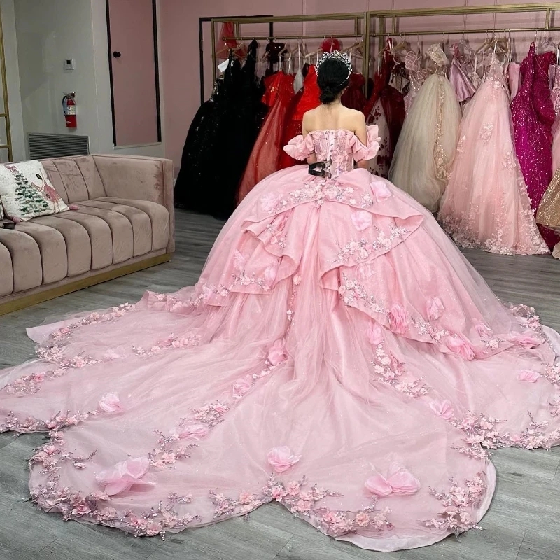Pink Sweetheart Ball Gown Quinceanera Dresses Off The Shoulder Beads Appliques Flower Birthday Party Gowns Vestidos De 15 Anos Sweet 16 Dress