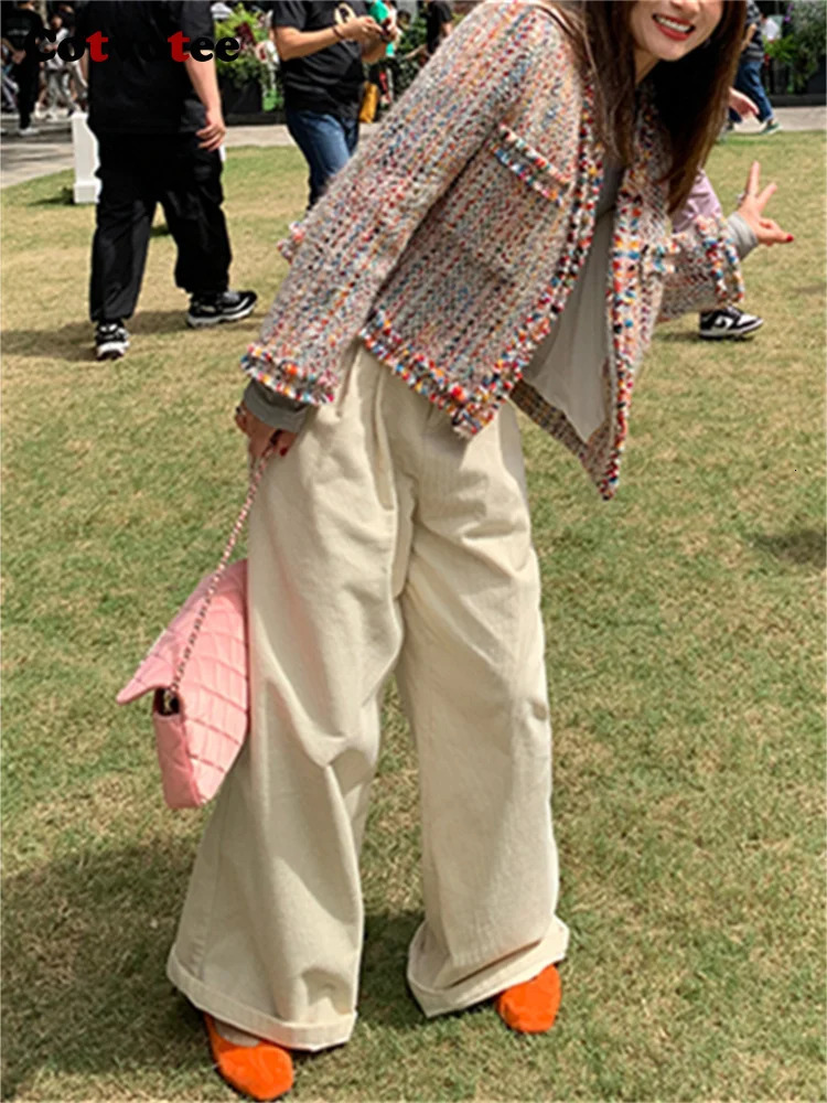 Cotvotee Rainbow Wool Coat Women 2024 Spring Autumn Fashion Long Sleeve Jackets Vintage V Neck Open Stitch Casual Chic Coats 240930