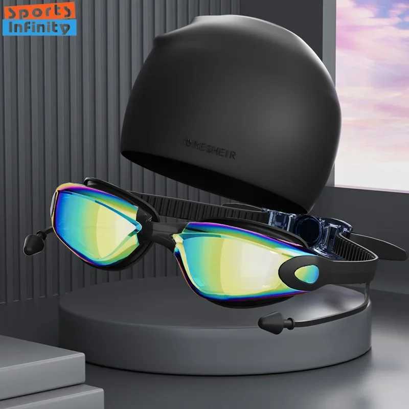 Adult high-definition swimming goggles womens waterproof and anti fog electroplated swimming goggles mens silicone swimming cap unisex version CL24100