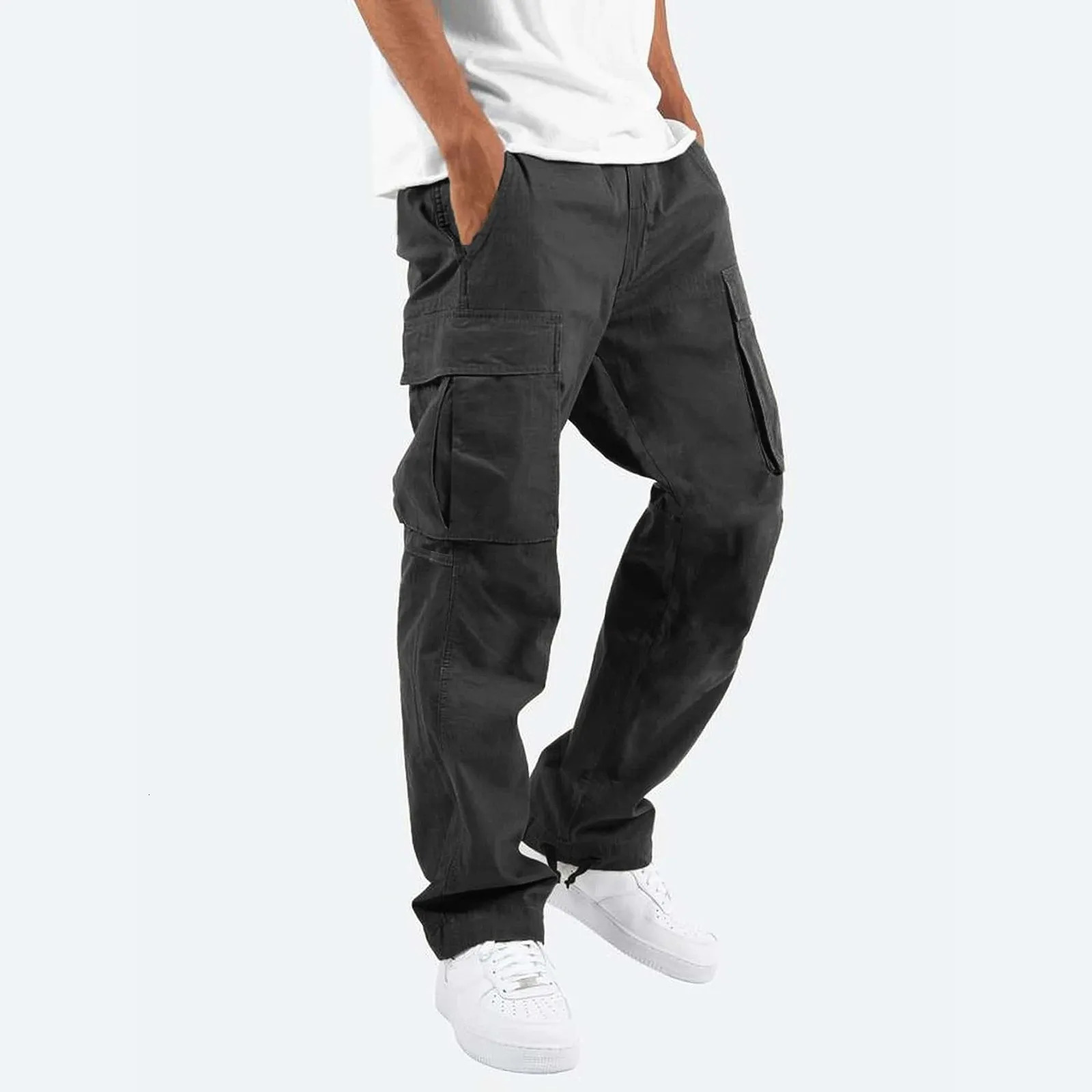 Mens Trousers Casual Slim Fit Cargo Pants Solid Color Pocket Straight Leg Work Long Bottom For Men Baggy Pantalones 241009