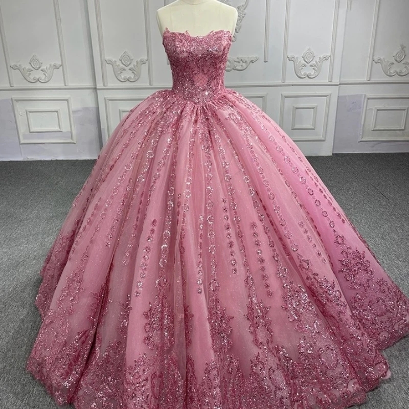 Luxury Pink Glittering Sweetheart Quinceanera Dresses Off Shoulder Sequin Applique Lace Beads Tulle Vestidos De 15 Anos Sweet 16 Dress