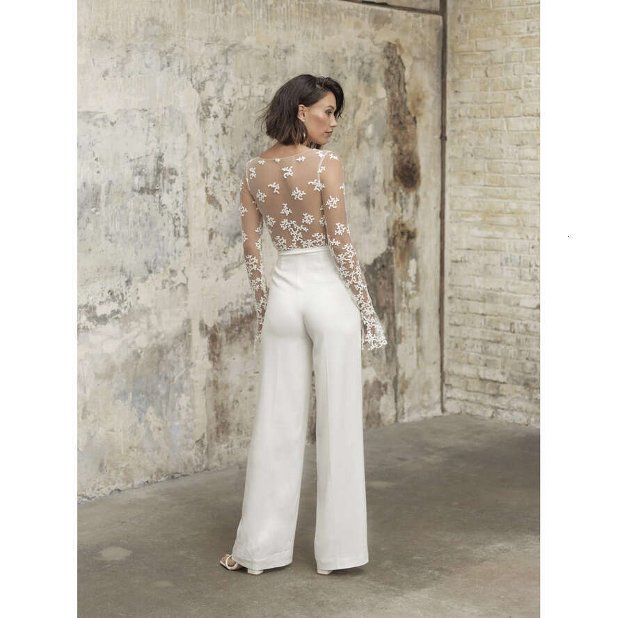 Jumpsuits Pcs One Bridal Outfit Beach Wedding Dresses Ankle Length Lace Long Sleeves Brides Reception Gowns Sheath Boho Women Pants Suit