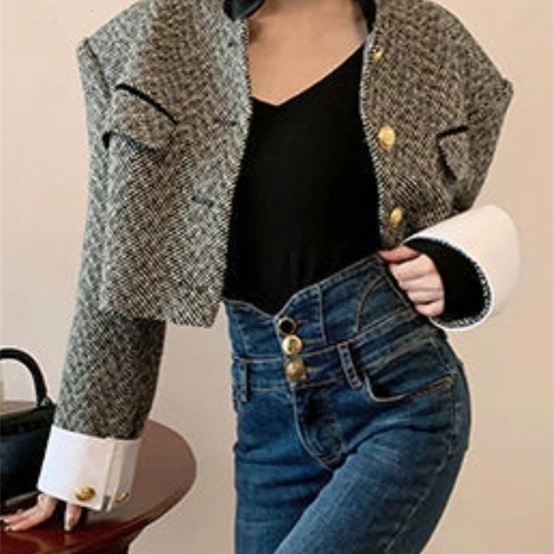 Woherb Fashion Korean Chic Vintage Tweed Jacket Coat Women Spring Contrast Color Cropped Jackets Elegant Office Lady Outwear 241008