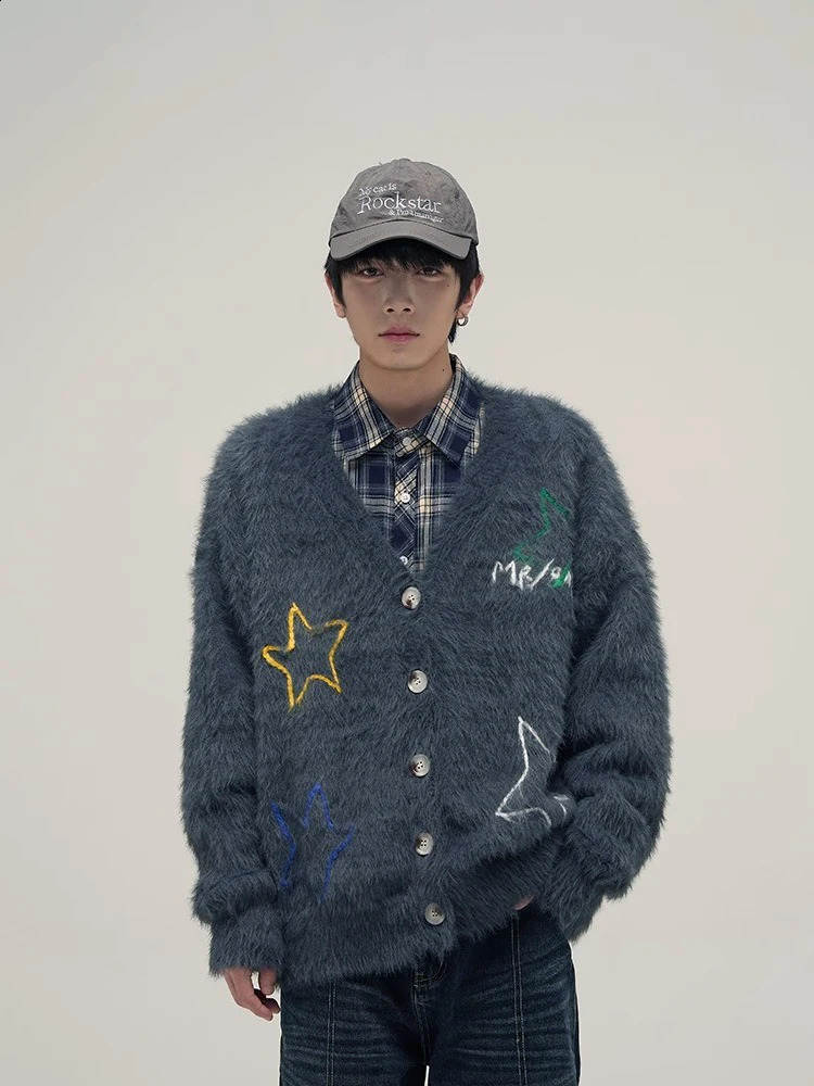 Reddachic Star Embroidered Cardigan Mens Retro Y2k Casual V-neck Button Mohair Knitted Jacket Acubi Fashion Jacket 241007