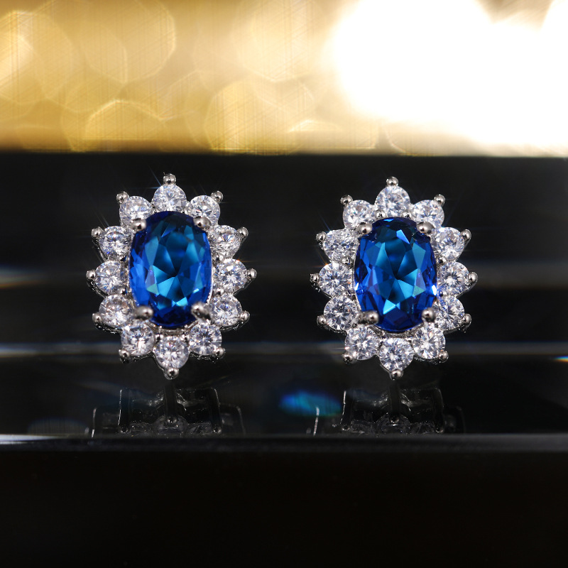 18K Ruby Earrings 925 Sterling Silver Synthetic Sapphire Stud Women's Diamond Amethyst Colored Gemstone Flower Stud Earrings