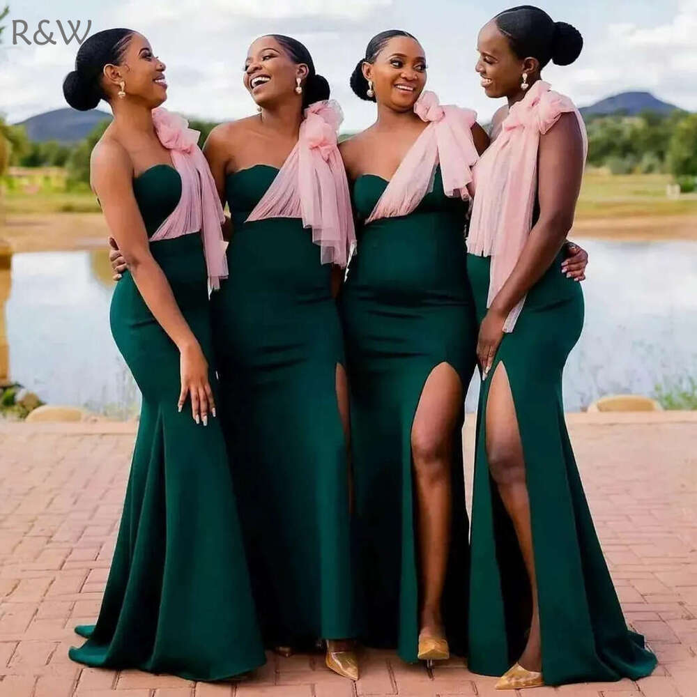 R&W Long Hunter Green Junior Bridesmaid Mermaid One Shoulder Split Elastic Satin Maid of Honor Dresses Bride Gowns for Nigeria Black Women Girls Marri
