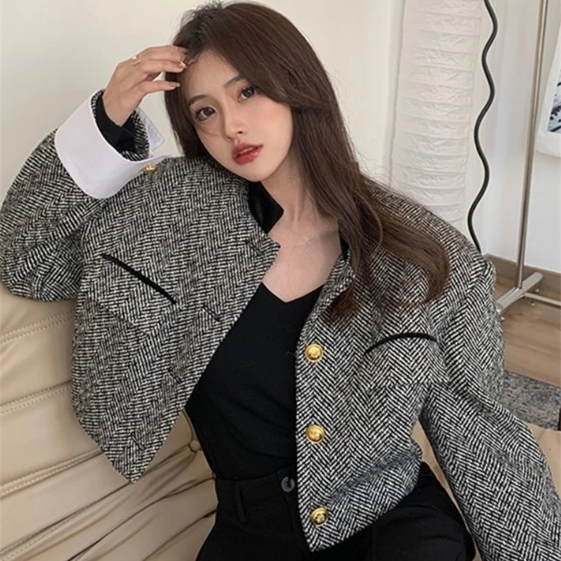Woherb Fashion Korean Chic Vintage Tweed Jacket Coat Women Spring Contrast Color Cropped Jackets Elegant Office Lady Outwear 241008