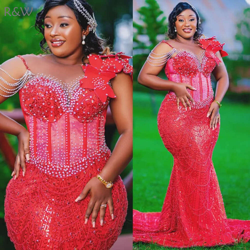 R&W 2024 Plus Size Red Prom Dress Evening Dresses Elegant Mermaid Promdress Formal Gowns Sheer Neck Long Sleeves ra Beaded Lace Tassel Birthday Recept