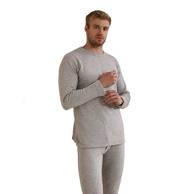 Men's Warm Underwear Set with Thick Round Neck Lamb Fleece Solid Color Bottom Coat Clothes Autumn Pants