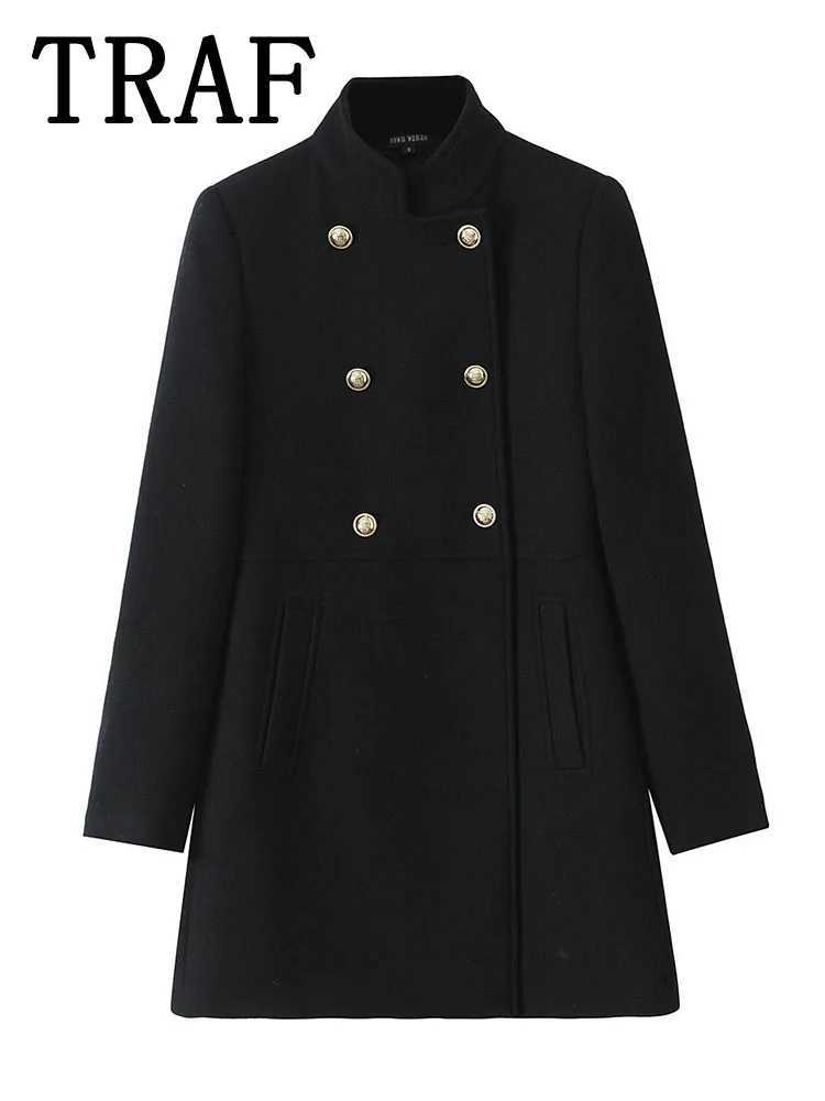 TRAF 2024 Women Winter Coat Oversized Wool Blend Jacket Autumn Long Sleeve Woolen Coats For Woman Warm New OuterwearX241009