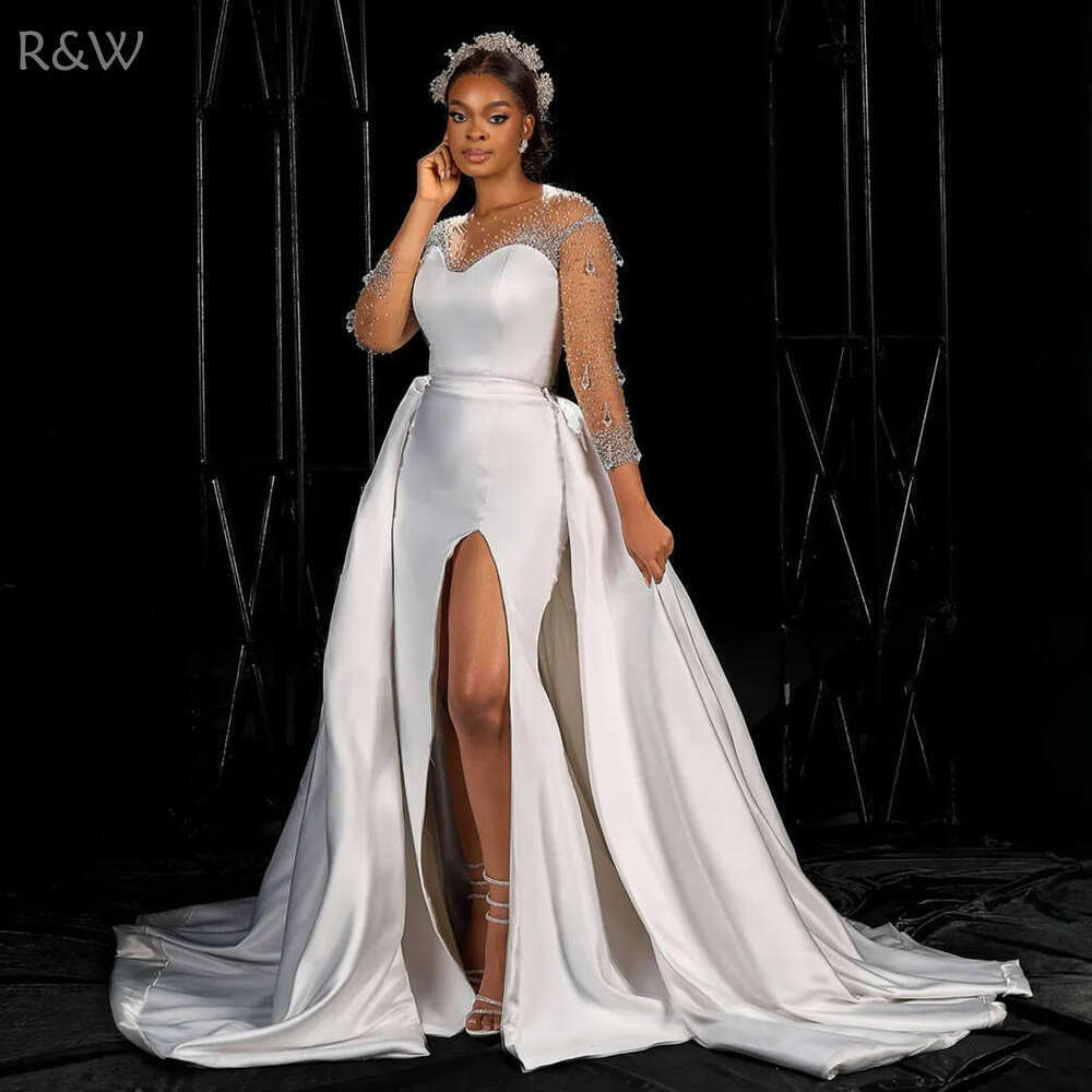 R&W 2024 African Mermaid Wedding For Bride Bridal Gowns With Detachable Train Illusion Long Sleeves Jewel Rhies Crystals Satin Dress for Black Women D
