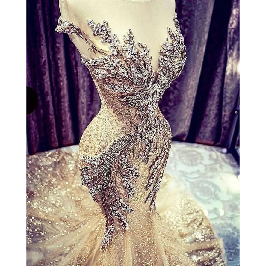 Dresses Mermaid Champagne Sexy Crystal Beads Sequin Lace Sweep Train Wedding Dress Real Picture Sheer Cap Sleeve Bridal Gowns Bc