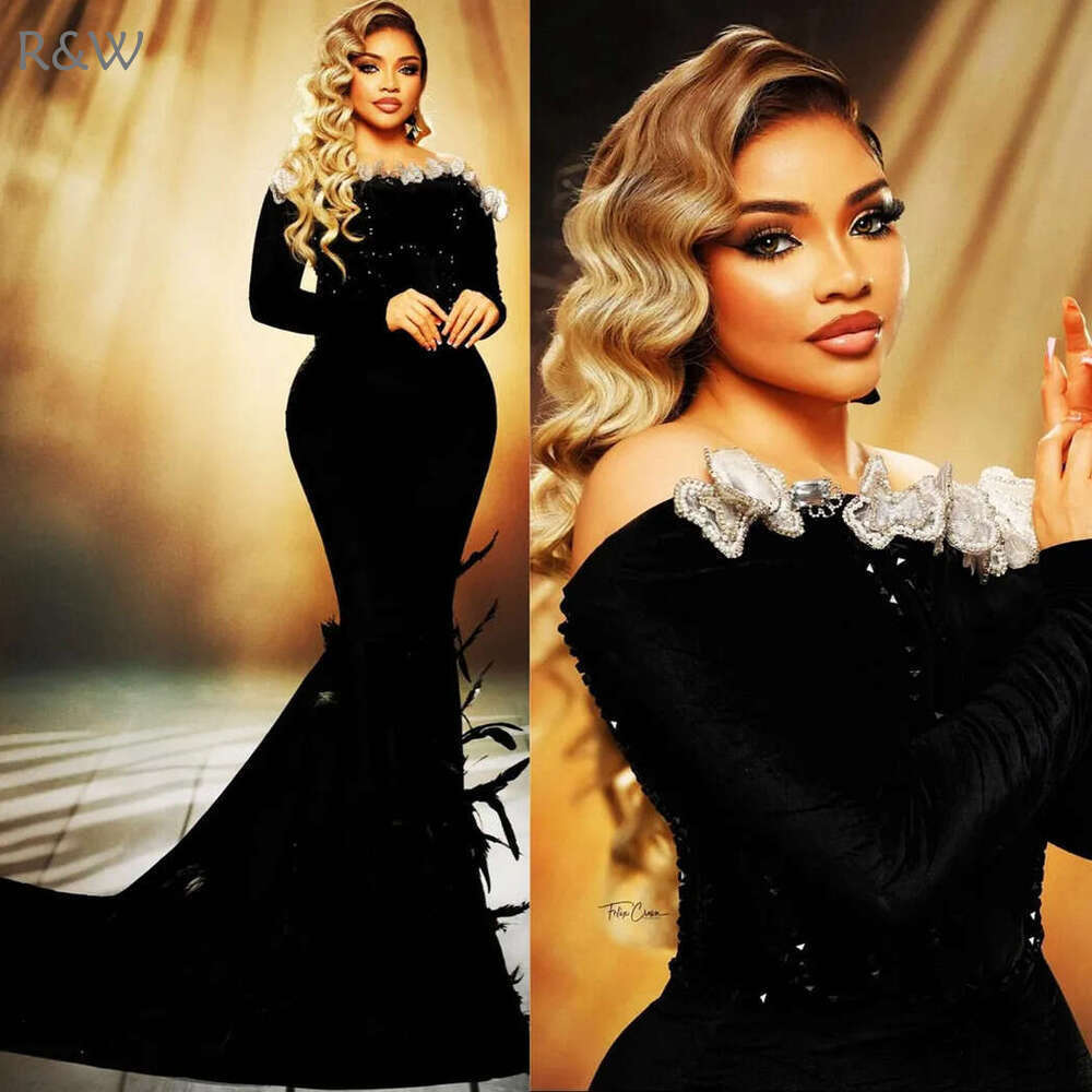 R&W urious Plus Size Prom Dresses for Special Ocns Promdress Feathered Off Shoulder Long Sleeves Veet Beaded Birthday Dress Second Reception Gowns AM8