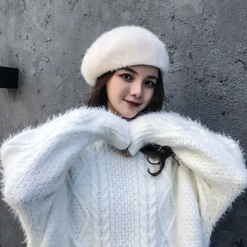 Black/White Fashionable Classic Womens Rabbit Fur Beret Autumn/Winter Warm Thick Plush Hat Casual Solid Color Elegant Sweet Beret 241007